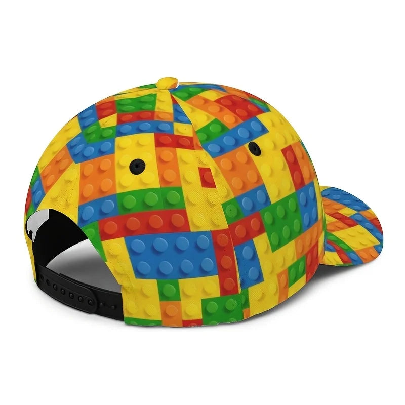 Farverig baseballkasket med byggeklods-print til børn – unisex solhat med UV-beskyttelse – afslappet udendørs hat til legetøjsentusiaster og modebevidste fædre