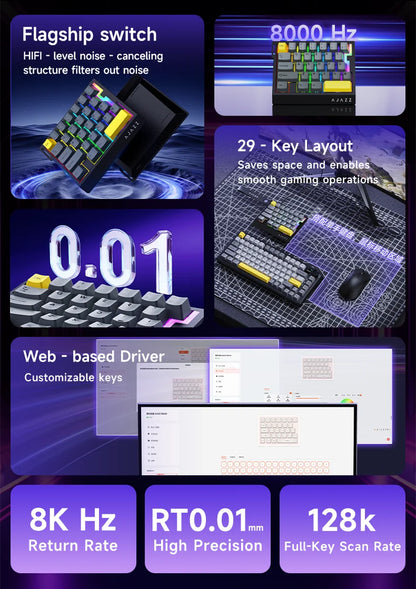 AJAZZ AK029 Wired One-Handed Gaming Keyboard with HE Magnetic Switch, 8000Hz RGB Mini Mechanical Keyboard, 29 Keys for PC Gaming