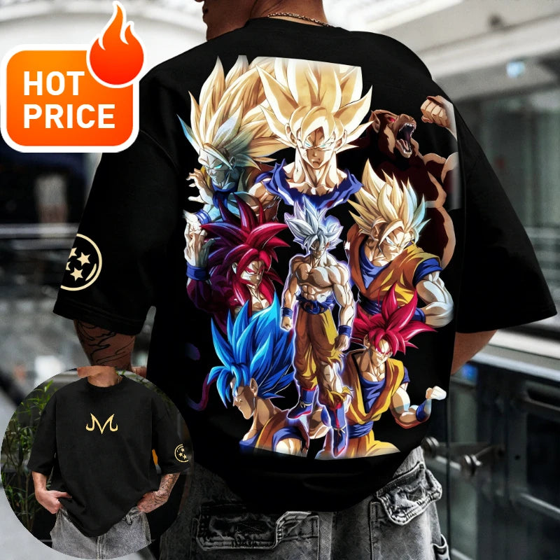 Лятна тениска Dragon Ball 2026, 100% памук, щампа Goku във всички форми, oversized, за фитнес и streetwear, унисекс ретро тениска за възрастни и деца