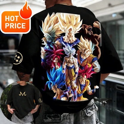 Лятна тениска Dragon Ball 2026, 100% памук, щампа Goku във всички форми, oversized, за фитнес и streetwear, унисекс ретро тениска за възрастни и деца