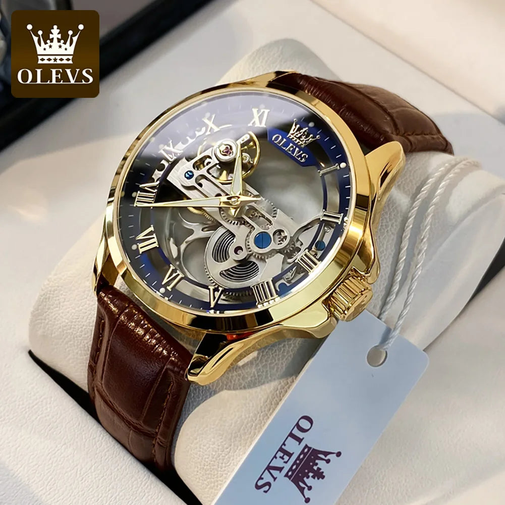 Montre mécanique automatique pour homme OLEVS 6661 – Modèle squelette entièrement transparent avec volant apparent, bracelet en cuir, montre de luxe originale pour homme
