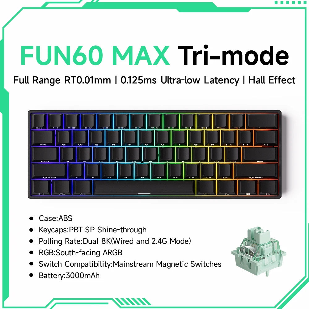 Teclado mecânico Akko MonsGeek FUN60 com interruptores magnéticos 60% Gaming Keyboards Rapid Trigger 0.01mm 8K ARGB HE/TMR personalizado
