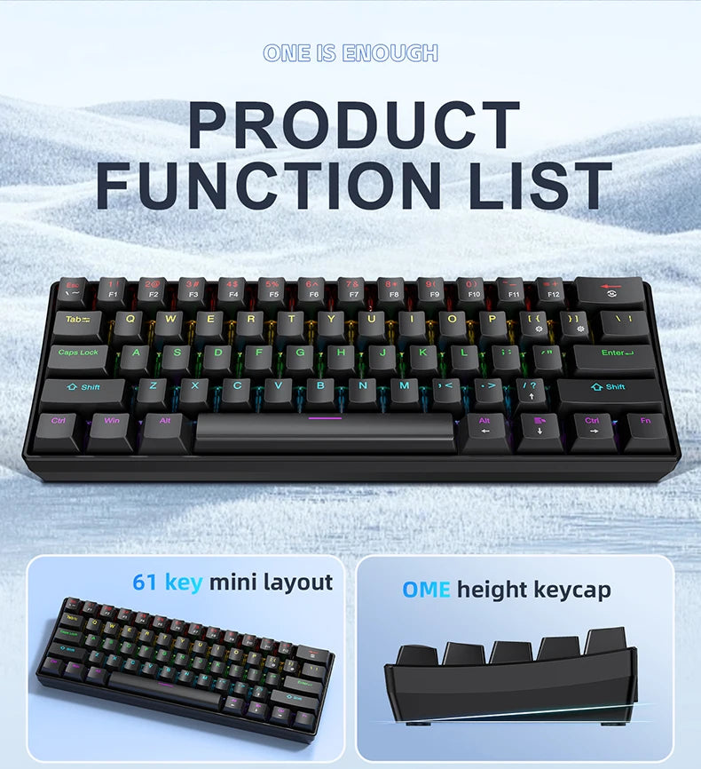 60% Portable Mini Keyboard APAYADO K61 Mechanical Keyboard Wired, 61 Keys RGB Black,White, Red/Blue Switch for Gaming
