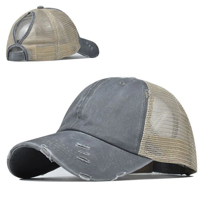 1 casquette de baseball vintage en maille « ponytail », casquette de camionneur ajustable, délavée et vieillie, offrant une protection solaire en extérieur, idéale pour le printemps et l'automne
