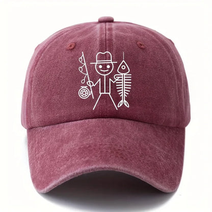 Kreslená postavička muže s kšiltovkou s motivem rybaření, outdoorová kšiltovka se zakřiveným okrajem, kšiltovka pro řidiče kamionu, dovolená, cestování, kempování