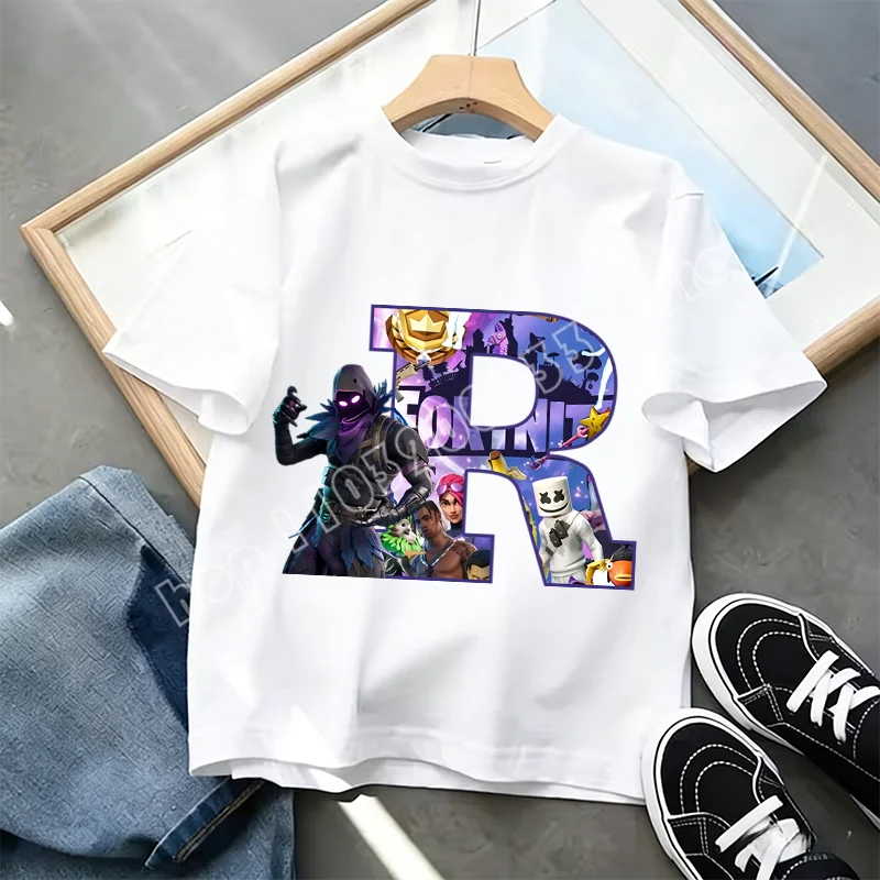 Μπλουζάκι Fortnite με στάμπα αλφαβήτου A-Z για παιδιά, καλοκαιρινό, λευκό, δημοφιλές cartoon game, casual κοντομάνικο τοπ μόδας, ιδανικό για δώρο