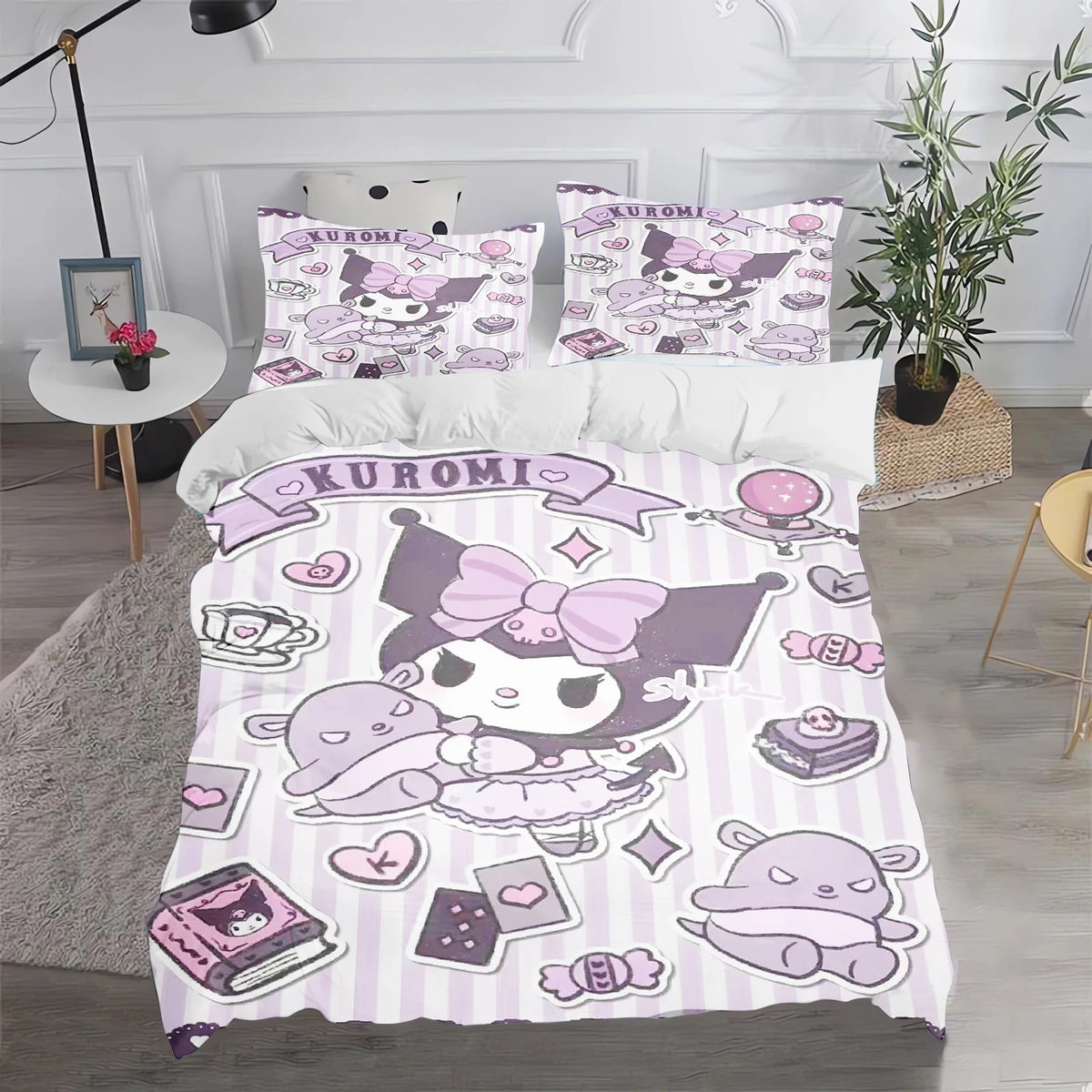 Ensemble de literie Kuromi : housse de couette et taie d'oreiller mignonnes, pour chambre d'enfant (garçon ou fille), décoration de chambre, cadeau pour enfants, taille simple, double ou grande