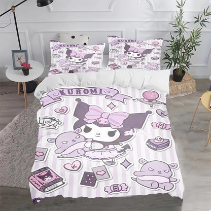 Ensemble de literie Kuromi : housse de couette et taie d'oreiller mignonnes, pour chambre d'enfant (garçon ou fille), décoration de chambre, cadeau pour enfants, taille simple, double ou grande