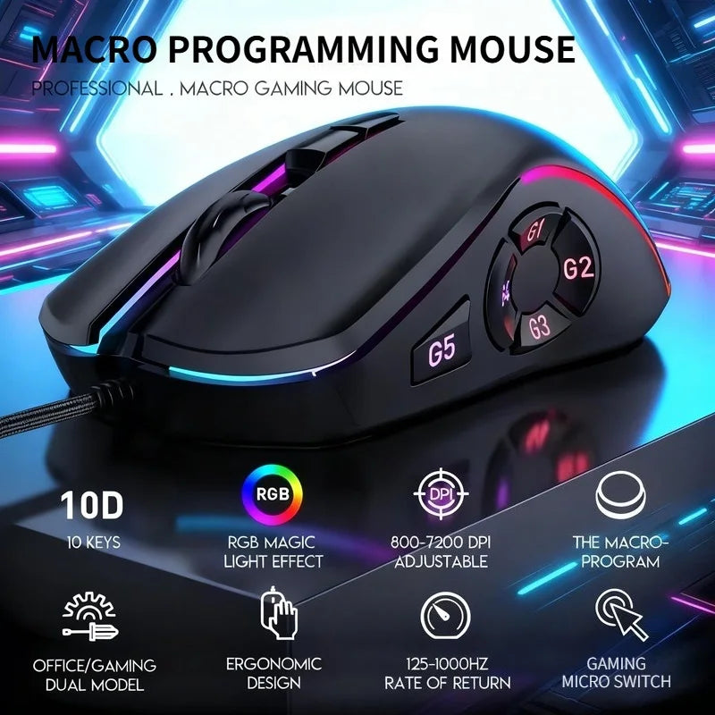 Mouse cablato da gaming e ufficio 7200 DPI con retroilluminazione RGB, 6 livelli DPI regolabili, 10 pulsanti programmabili e pulsante per tornare al desktop