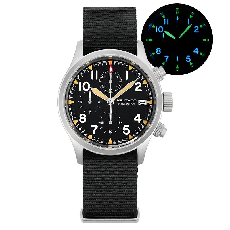 Reloj cronógrafo de cuarzo Militado VK61 VK67, 39 mm, caja de acero inoxidable 316L, 3 esferas, resistente al agua 100M, reloj militar multifunción