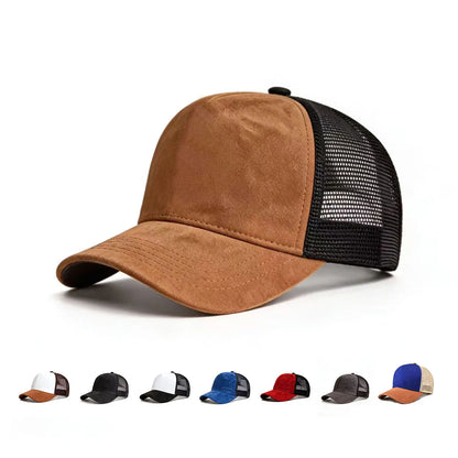 Vasaros tinklinė beisbolo kepurė moterims ir vyrams, vienspalvė suede kepurė su emblema, „snapback“ stiliaus kepurė, kasdienė, kvėpuojanti, unisex, gatvės stiliaus, hip-hopo ir „trucker“ stiliaus kepurės