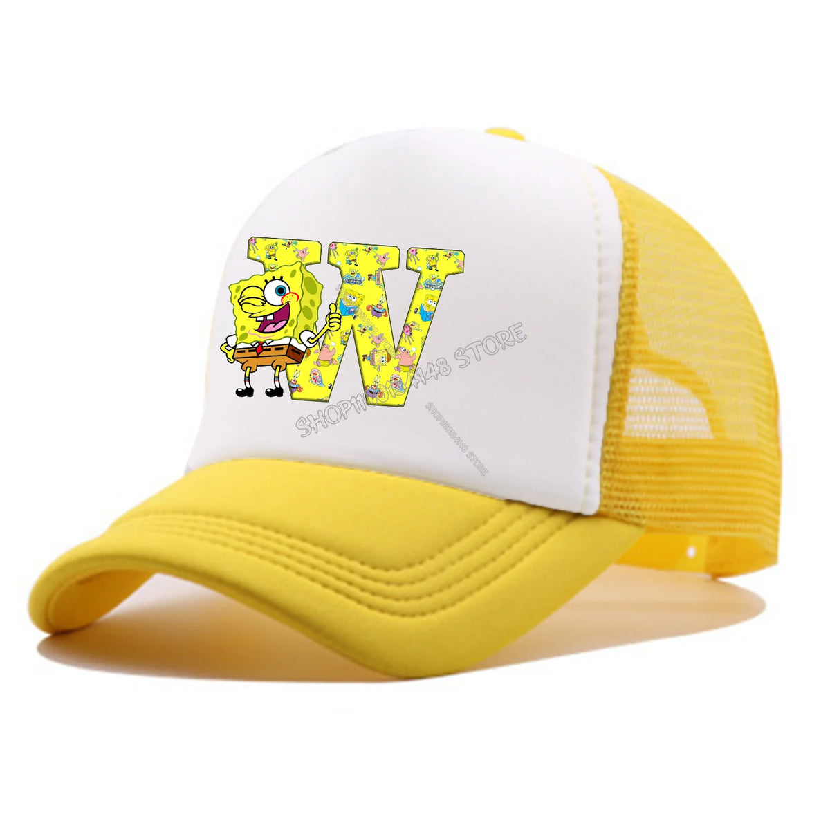 Spongebobs baseballkasket til børn og voksne – tegneseriefigur, bogstaver, mesh-kasket, kawaii, skygge, gul sommerkasket – til piger og drenge – tilbehør – gave