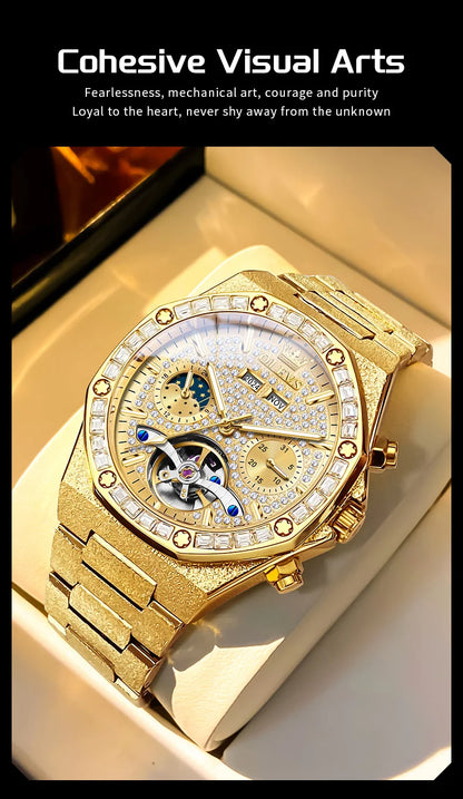 OLEVS 9805 Skeleton Automatic Man Watch Luxury Fashion Matte Texture Full Diamond Moon Phase Waterproof Mechanical Wristwatches