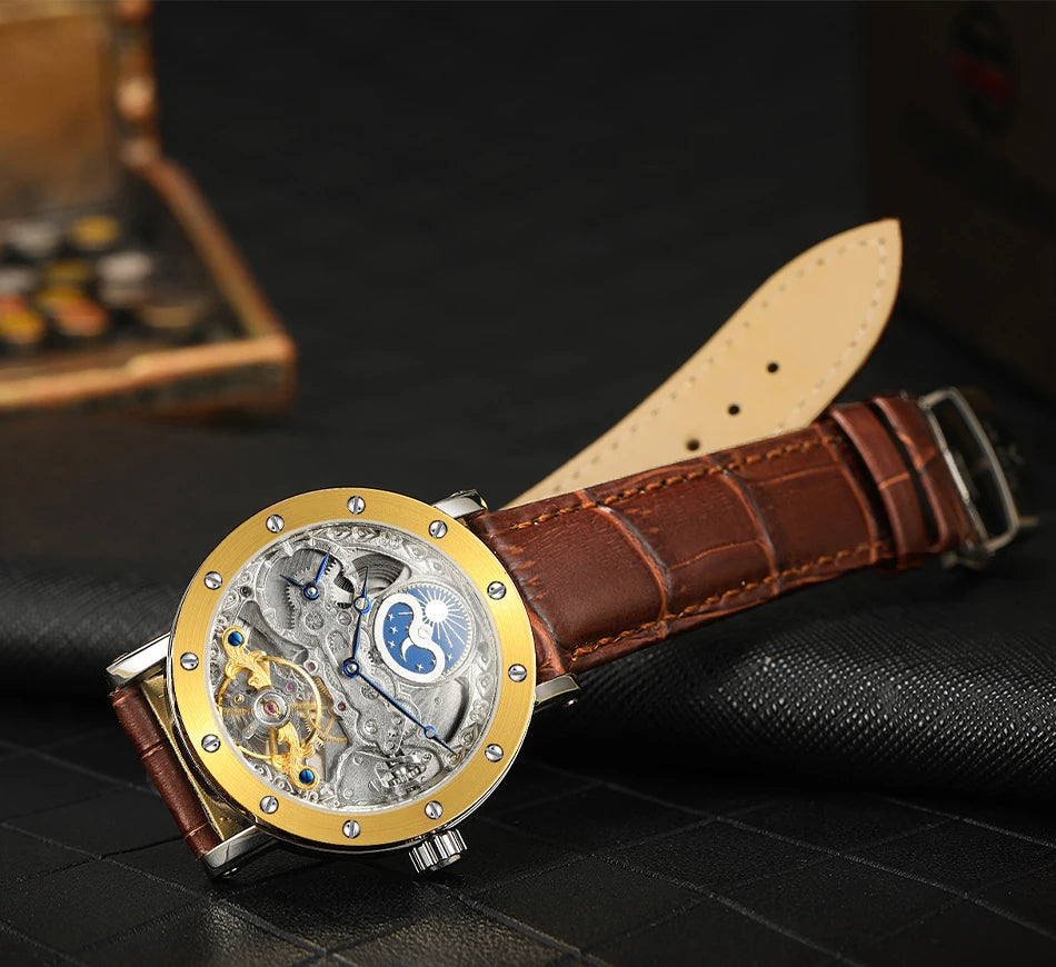 Pánske mechanické automatické náramkové hodinky SKROX, skeletový model s funkciou GMT, fázami mesiaca a tourbillon – luxusné hodinky najvyššej triedy, elegantné a originálne.