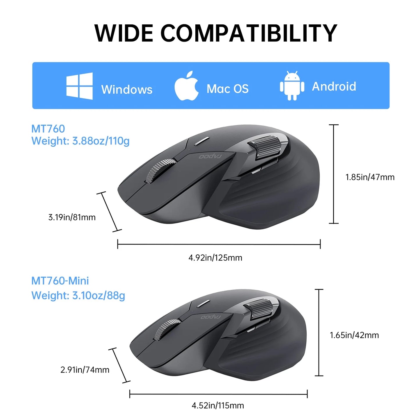 Ratón inalámbrico recargable multimodo Rapoo MT760L/MT760M, ergonómico, 4000 DPI, compatible con hasta 4 dispositivos, ratón Bluetooth