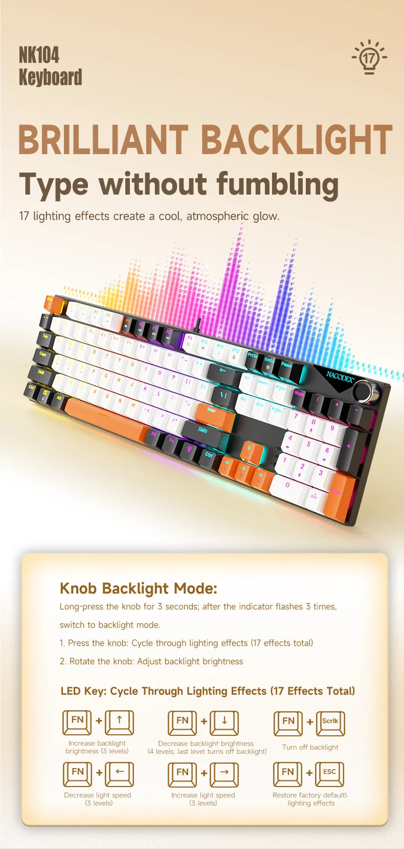Teclado mecánico AJAZZ NK104 con cable, teclas de doble inyección, 104 teclas, hot-swapping y retroiluminación LED híbrida para gamers, compatible con laptop y PC