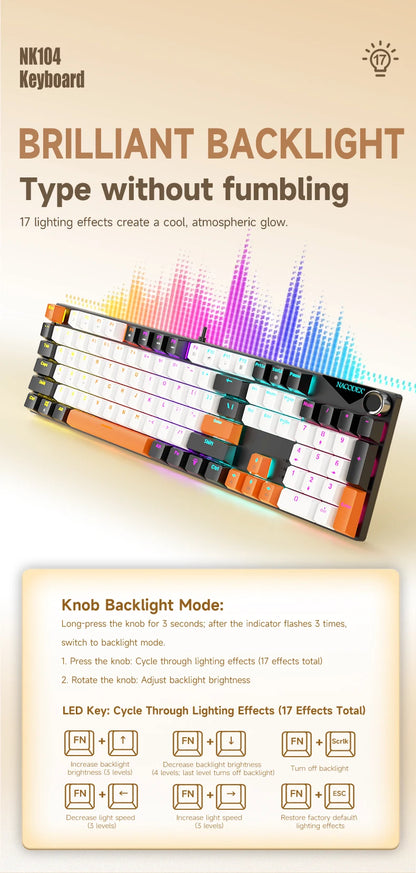 Teclado mecánico AJAZZ NK104 con cable, teclas de doble inyección, 104 teclas, hot-swapping y retroiluminación LED híbrida para gamers, compatible con laptop y PC