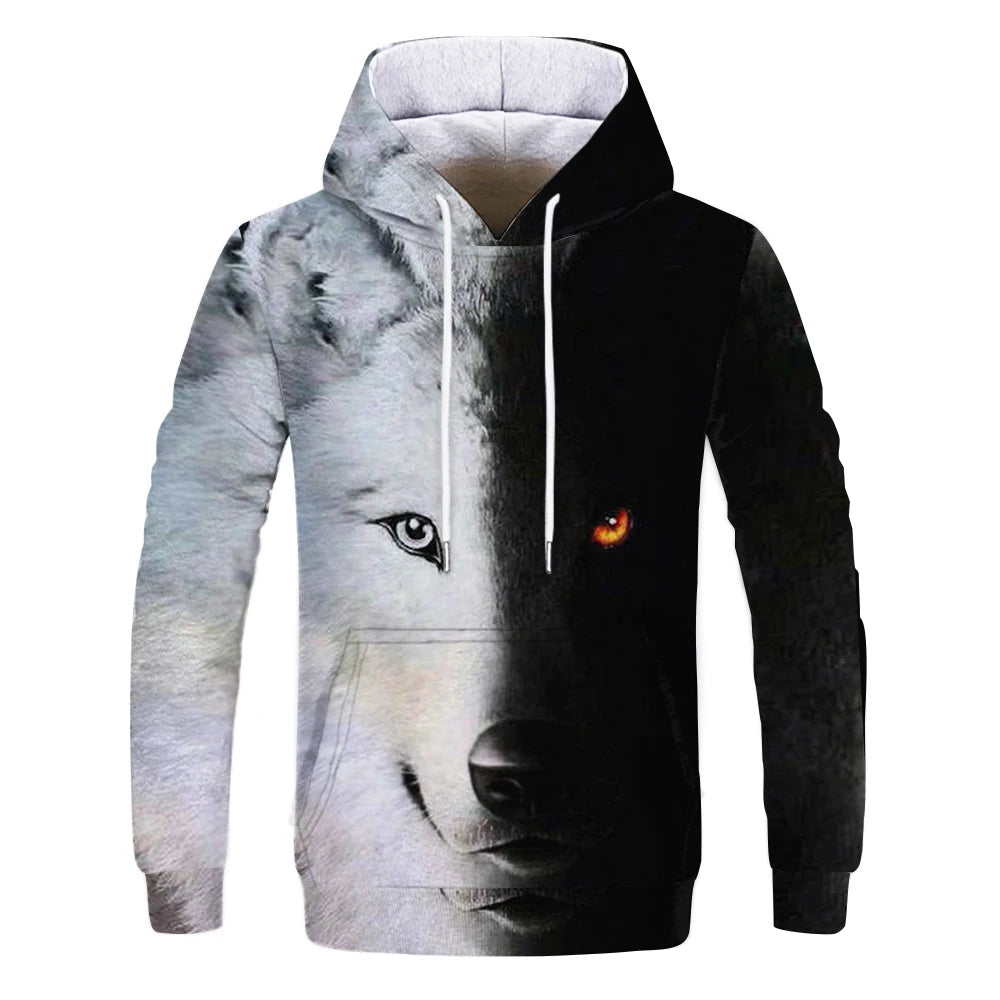 Neuer modischer Hoodie mit 3D-Tierprint für Herren und Damen, personalisiertes Design, Sweatshirt mit Schnee- und Doppelwolf-Motiv, Harajuku Oversized Hoodie