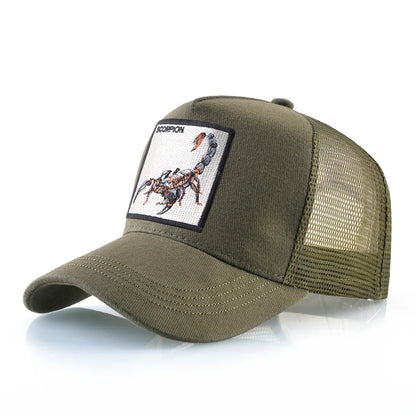 Unisex-trucker-lippalakki, jossa on brodeerattu skorpionimerkki. Miesten baseball-lippalakki, naisten snapback-lippalakki, hiphop-lippalakki, ulkoiluun sopiva hengittävä lippalakki