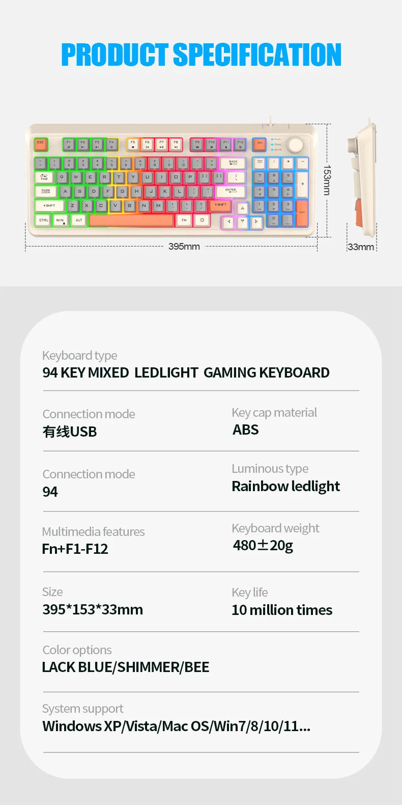 Keyboard K81 Gaming Keyboard 81 Key 80% Layout Spanish Russian Korean Arabic Keyboard USB Wired RGB Light Volume Knob Ergonomics