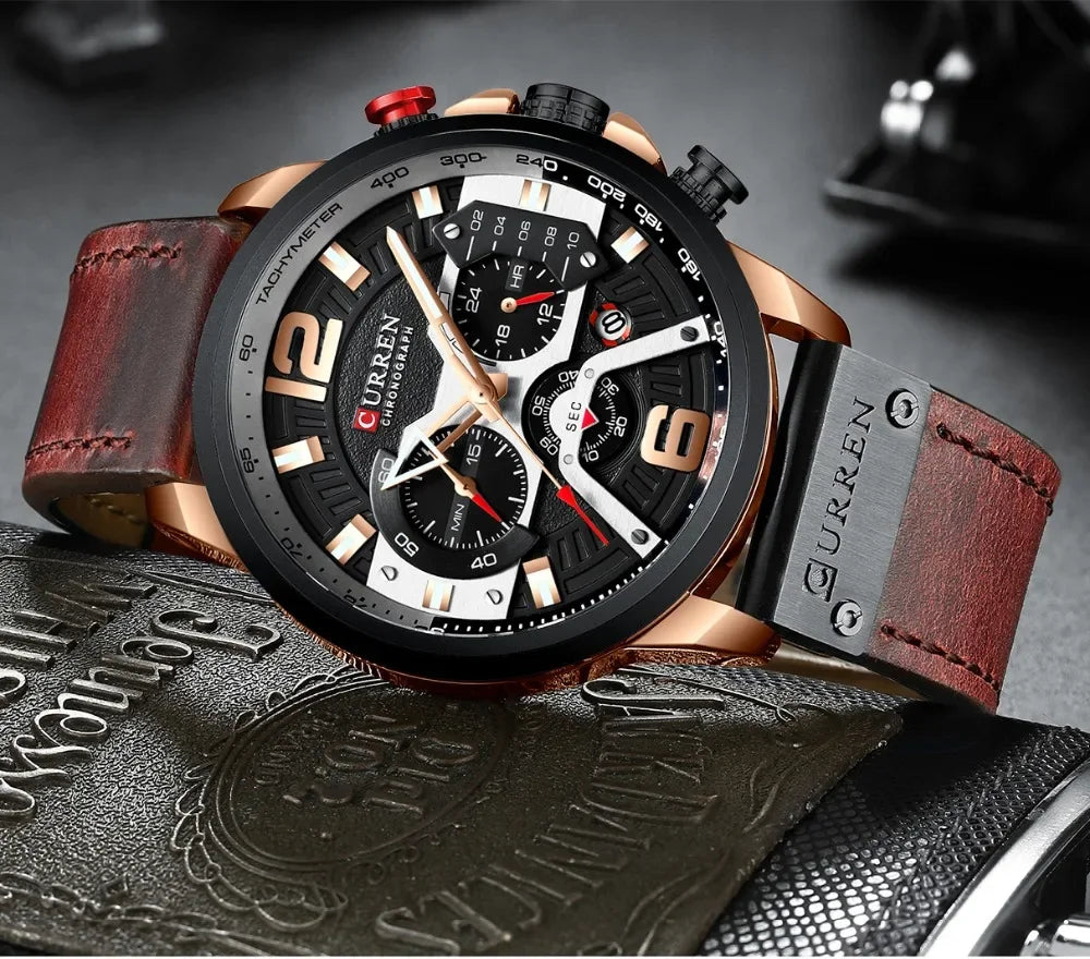 Ceas pentru bărbați CURREN 8329 – Stil sportiv casual, design militar, curea din piele, cronograf la modă, ceas de lux de la o marcă renumită