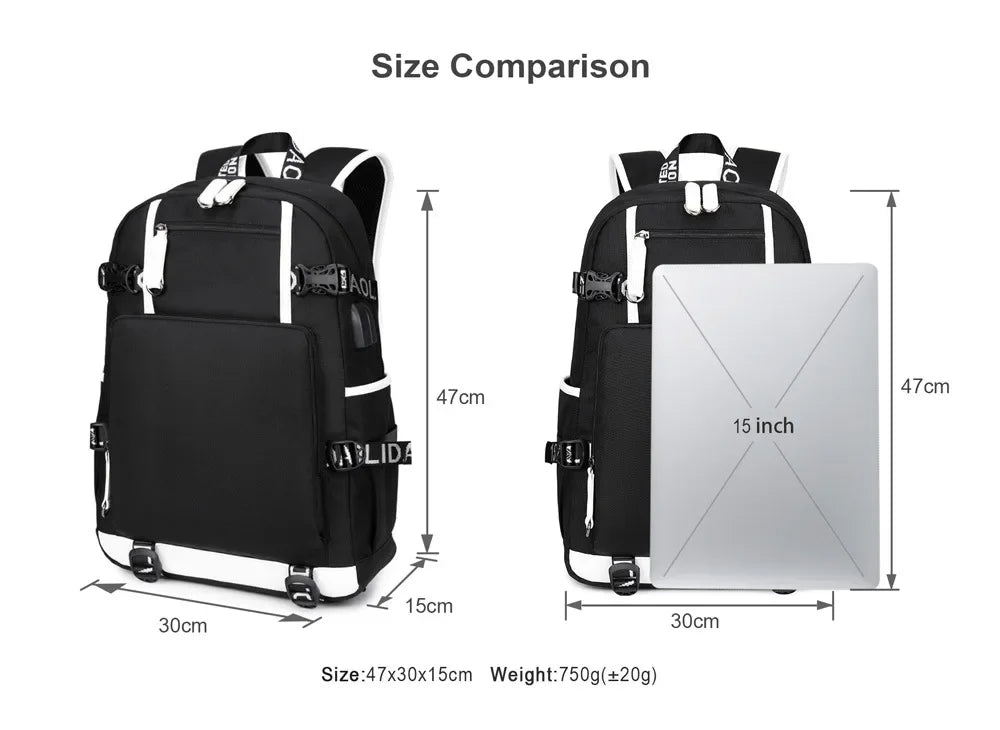 Red Jade F-Fortnited Battle Royale Backpack with USB Charging Anime Figures Study Stationery Compartment for Students Mochila