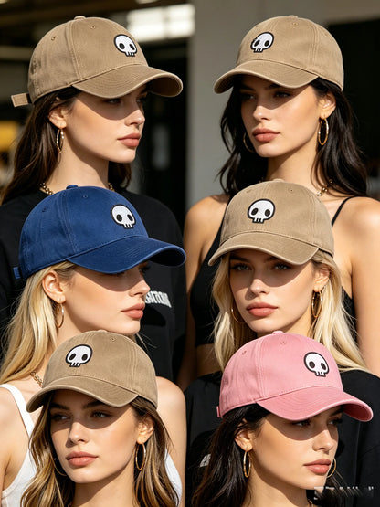 Retro-Baseballkappe im Washed-Distressed-Look mit Totenkopf-Stickerei, Dad-Hat für Damen und Herren, lässige, verstellbare Outdoor-Sonnenkappe 260617