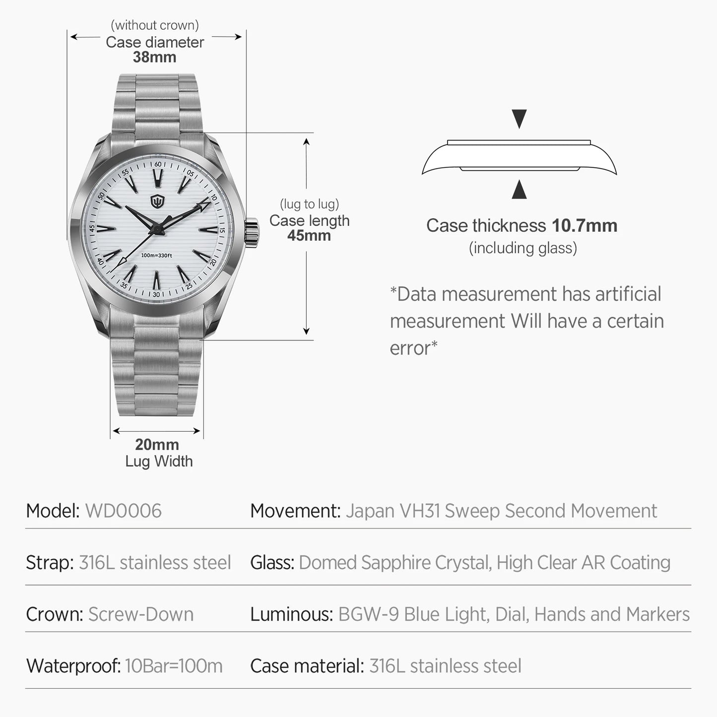 Watchdives WD0006 V2 Watch VH31 Sweep Second Quartz Movement Sapphire Luminous Stainless Steel Watches Waterproof 38mm Watch