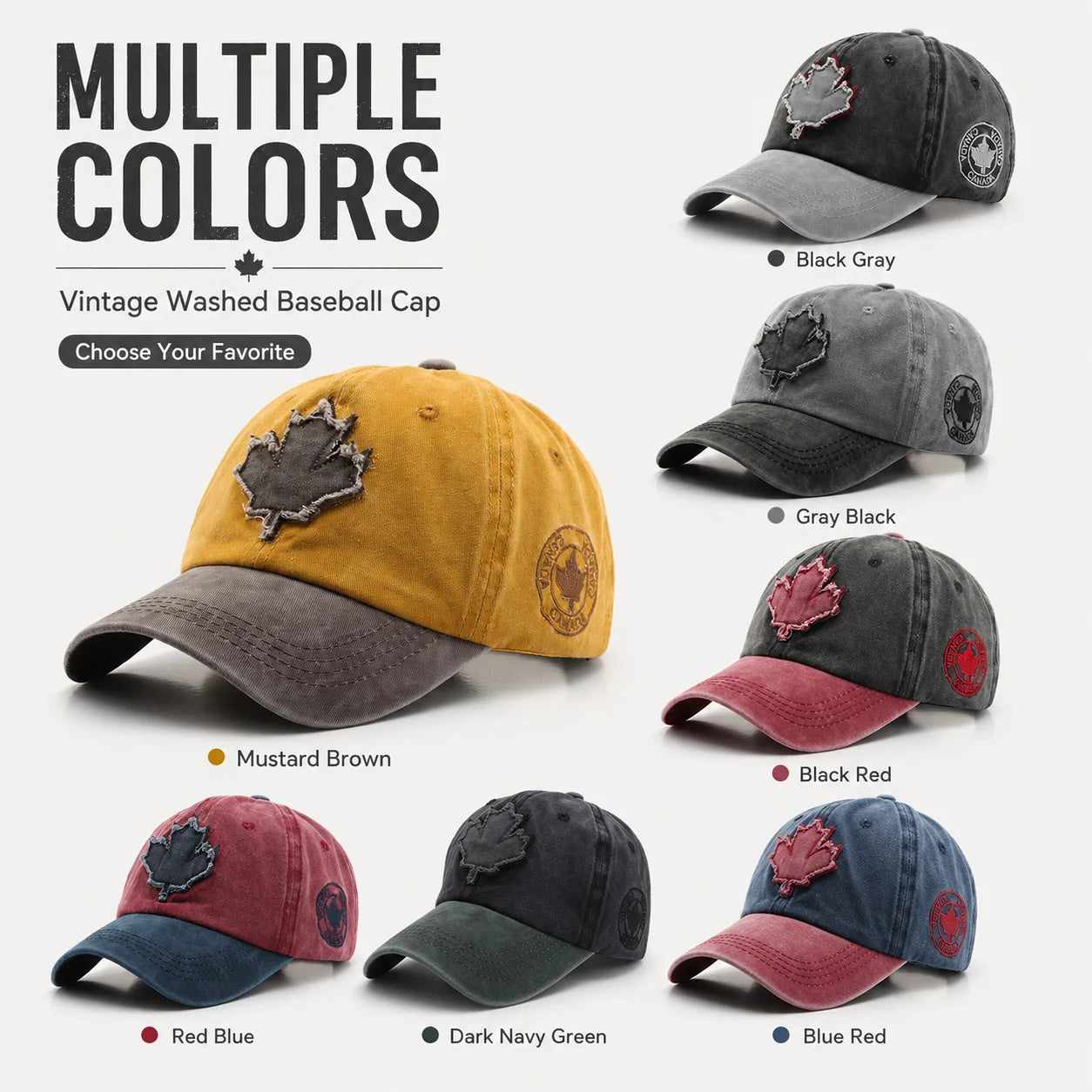 Casual Washed Denim Look Maple Leaf Patch Cap Adjustable Two Tone Outdoor Sport Baseball Hat for Daily Wear
