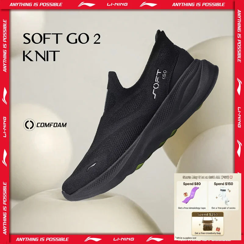 Li-Ning SOFT GO 2 KNIT slip-on-skor för män, bekväma och stabila promenadskor med dämpning, LiNing-mesh, jogging- och vardagsskor AGLV017