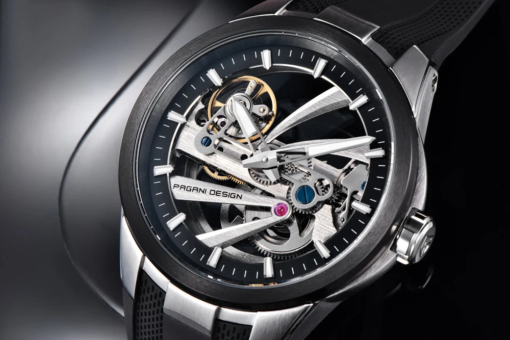Montre pour homme PAGANI DESIGN – Modèle mécanique automatique de luxe, type « squelette » (à cœur ouvert), doté d’un tourbillon, verre saphir avec traitement antireflet, étanche et luminescent.