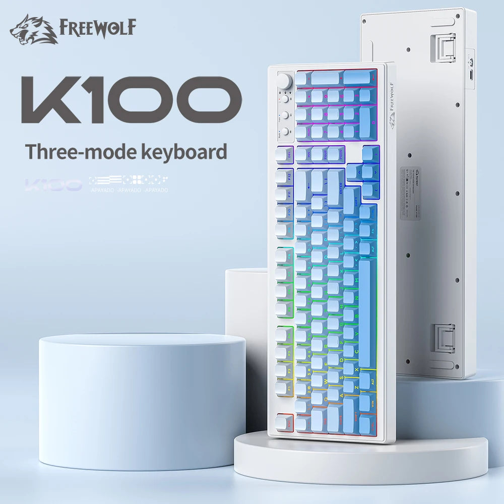 FREEWOLF K100 Wireless Keyboard Quiet with Media Knob|Side-print Backlit|4000mAh|26-Key Rollover Mechanical Feel Keyboard