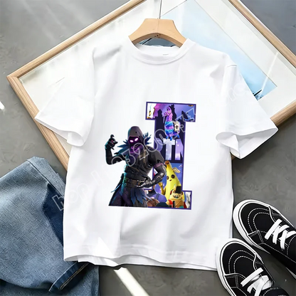 Μπλουζάκι Fortnite με στάμπα αλφαβήτου A-Z για παιδιά, καλοκαιρινό, λευκό, δημοφιλές cartoon game, casual κοντομάνικο τοπ μόδας, ιδανικό για δώρο