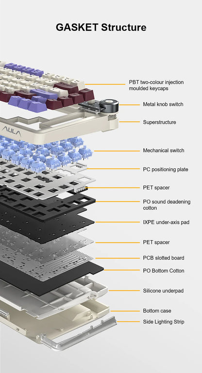 Teclado mecânico gaming esports AULA AU75, três modos, 81 teclas, teclas PBT, hot-swappable, RGB, teclado sem fios para PC desktop e escrita