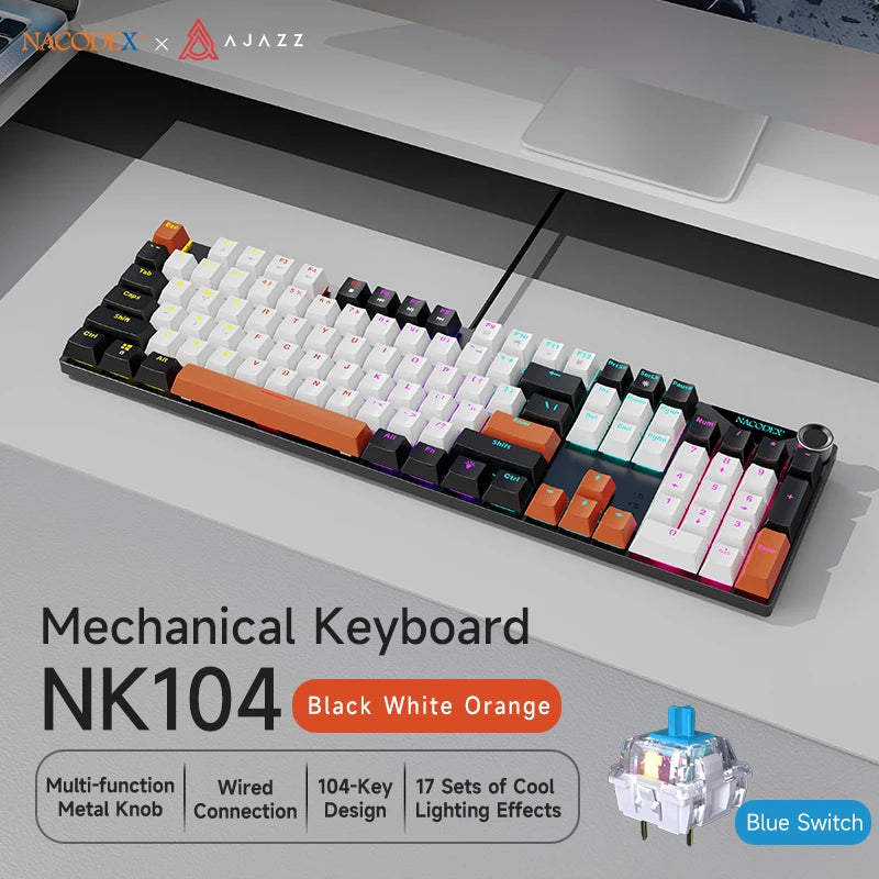 Teclado mecánico AJAZZ NK104 con cable, teclas de doble inyección, 104 teclas, hot-swapping y retroiluminación LED híbrida para gamers, compatible con laptop y PC