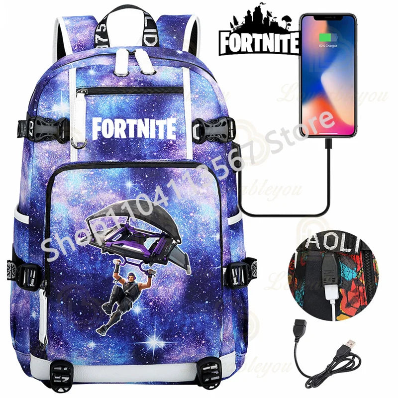 Red Jade F-Fortnited Battle Royale Backpack with USB Charging Anime Figures Study Stationery Compartment for Students Mochila