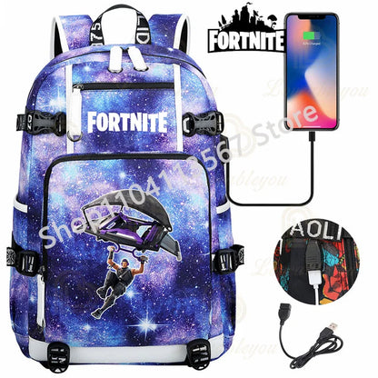 Red Jade F-Fortnited Battle Royale Backpack with USB Charging Anime Figures Study Stationery Compartment for Students Mochila