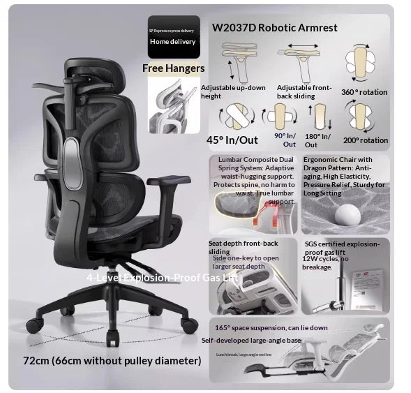 Mesh Office Chair Ergonomic Adjustable Lumbar Swivel Reclining Headrest Rolling Casters Home Office Office Chair Gaming Chair