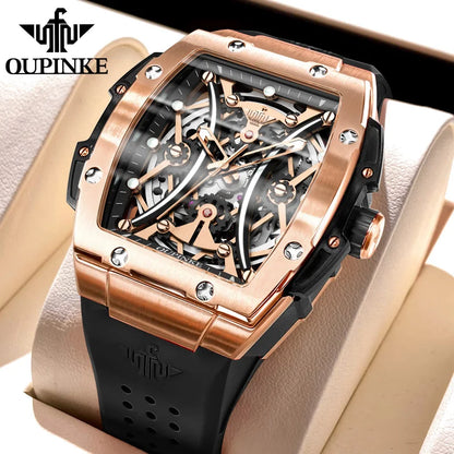 OUPINKE Herrenuhr – klassische Luxus-Armbanduhr mit Tonneau-Zifferblatt, Original-Topmarke, automatische mechanische Uhr, Silikonarmband, Saphirglas, neu