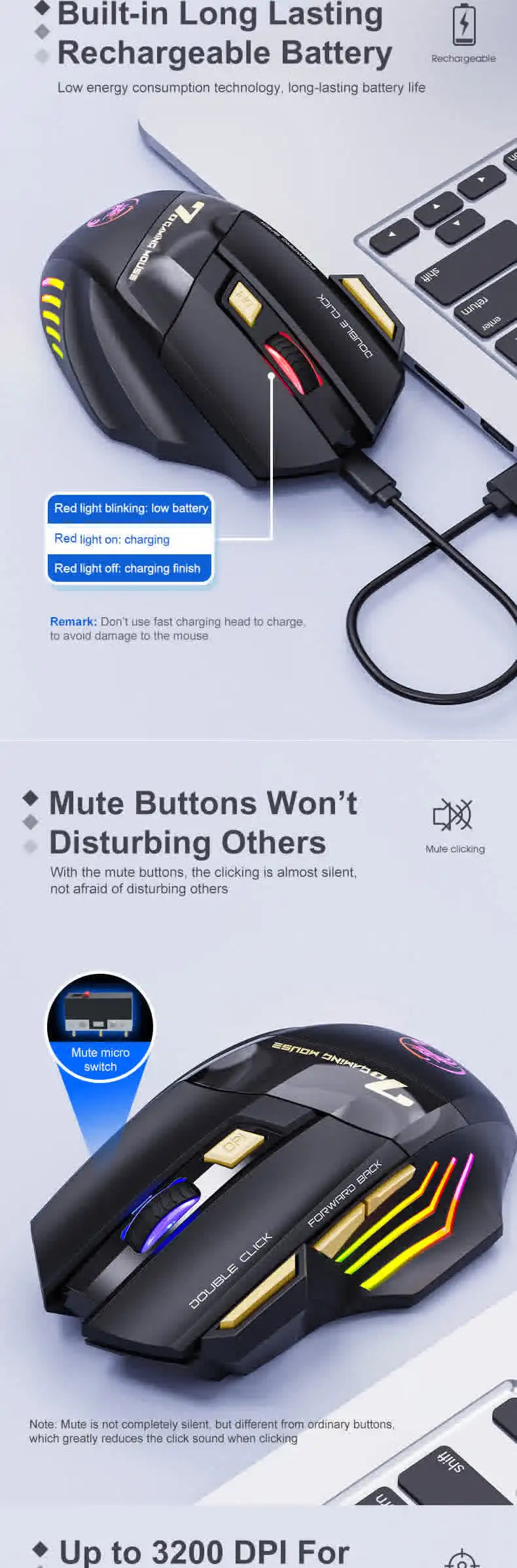 Wireless Mouse Bluetooth Wireless Mouse Rechargeable Computer Mouse Gamer Ergonomic Gaming Mouse RGB Backlit Silent Mice For PC