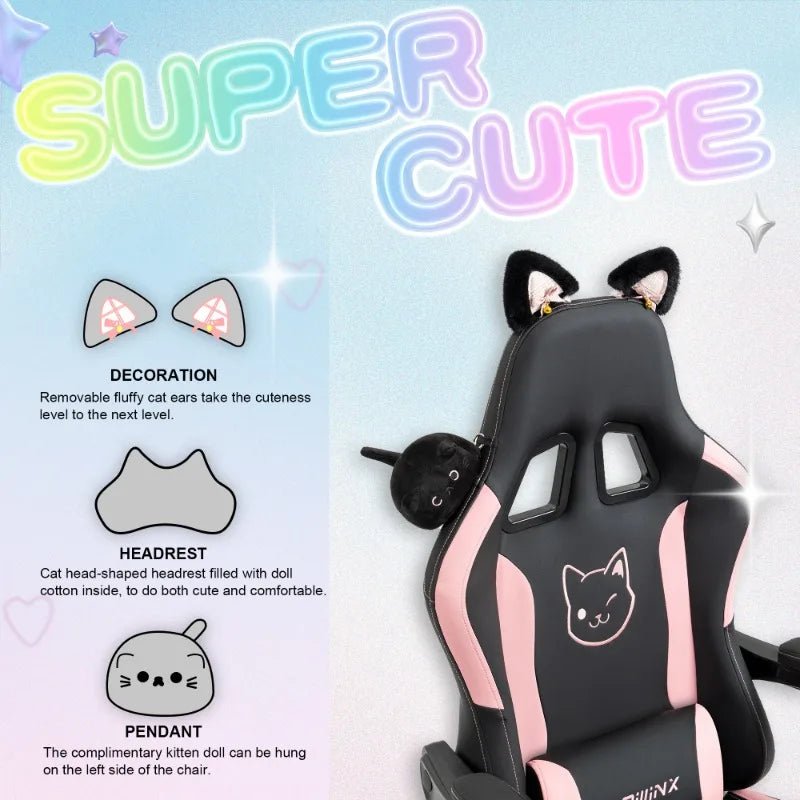Cadeira Gaming Kawaii Cor-de-Rosa com Orelhas de Gato, Apoio para os Pés, Encosto Alto Ergonómico e Apoio Lombar com Pata de Gato