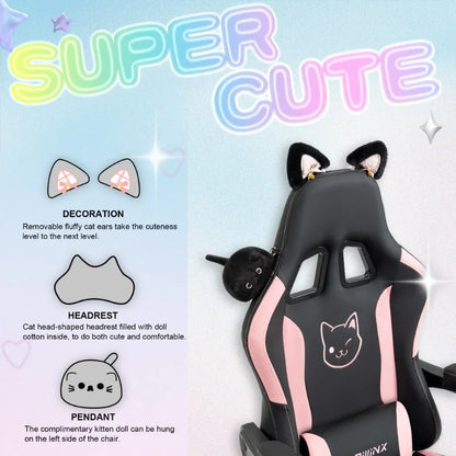 Cadeira Gaming Kawaii Cor-de-Rosa com Orelhas de Gato, Apoio para os Pés, Encosto Alto Ergonómico e Apoio Lombar com Pata de Gato
