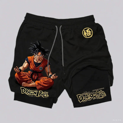 Dragon Ball Wukong Anime Sports Shorts Men's Double Layer 2-in-1 Sports Shorts Summer New Cartoon Printed Beach Pants
