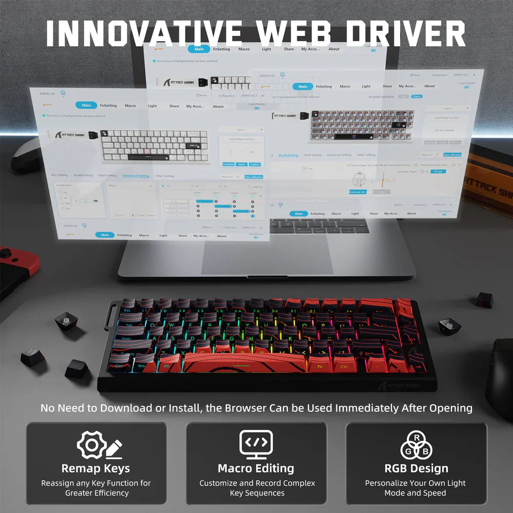 ATTACK SHARK X68PRO HE Tastiera gaming wireless Rapid Trigger con attuazione regolabile, hot-swap, retroilluminazione RGB, BT/2.4GHz/cablata
