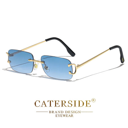CATERSIDE Blue Rectangular Sunglasses Men Rimless Metal Fashion Square Sun Glasses For Women Gradient Lens Outdoor Eyewear UV400