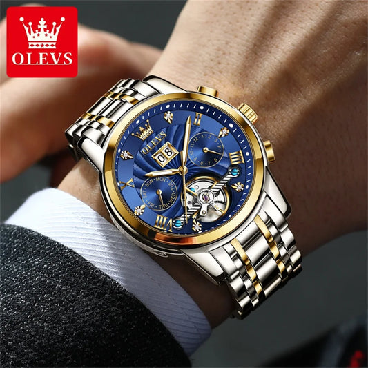 Montre homme OLEVS 9910, marque de luxe originale, étanche, lumineuse, automatique, mécanique, double calendrier, coffret.