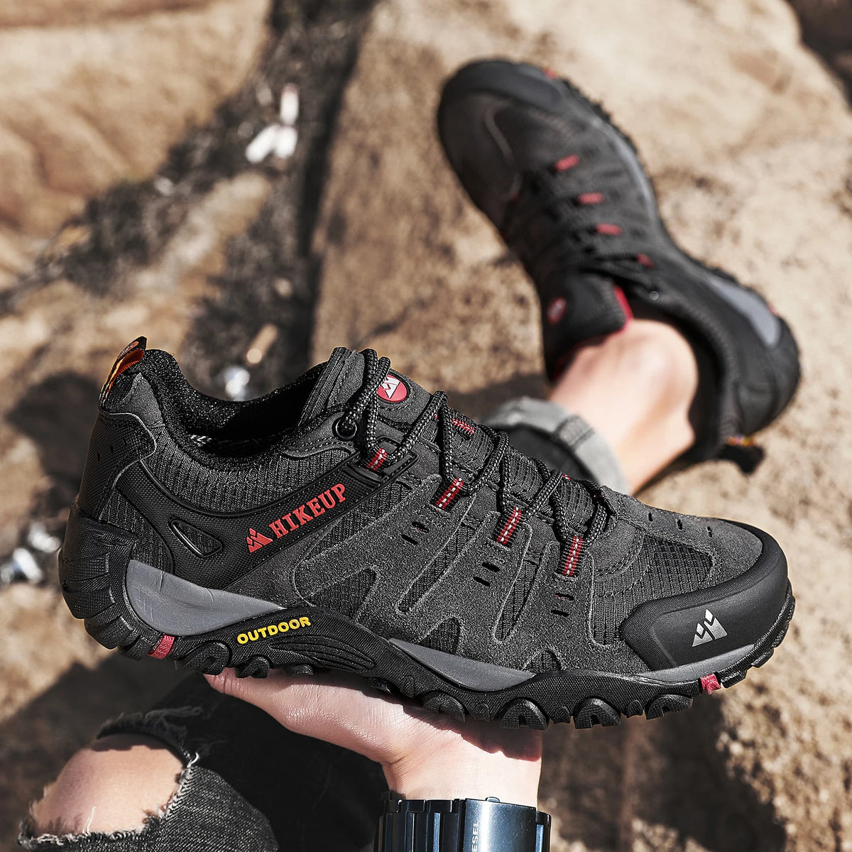 HIKEUP Herre-vandresko i ruskind, udendørssko, slidstærke herresko til trekking, vandring, jagt og taktiske sneakers