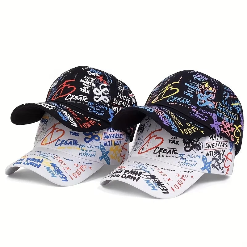 Baseballkasket med modegraffiti-print, udendørs bomuldskasket, hat til mænd og kvinder, sommer-solhatte, justerbare hiphop-kasketter
