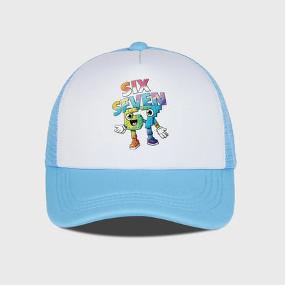 Six Seven Cartoon Number Print Sponge Mesh Cap – Unisex Colorful Building Block Mesh Baseball Cap – Adjustable, Breathable Sun H
