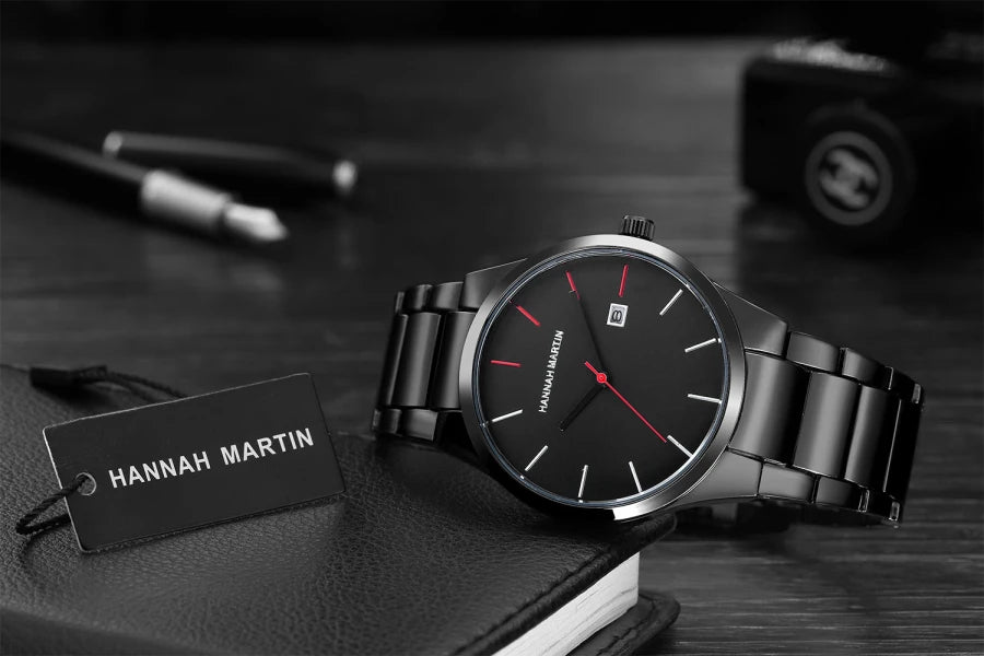 Hannah Martin men’s watch, stainless steel case, quartz movement, 41 mm dial, business style, with calendar display (imitation)